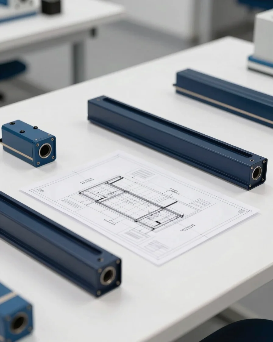 Clean industrial engineering blueprint on a bright white desk, with deep navy and steel blue accents, sharp focus, 35mm