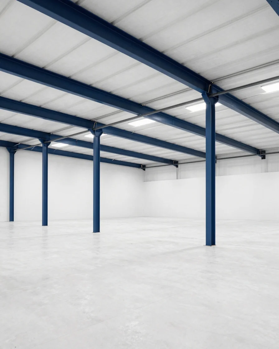 Clean industrial interior of a modern steel distribution center in Bilbao, bright neutral daylight, crisp white atmosphe